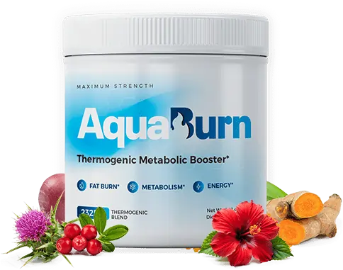 AquaBurn supplement bottle next to natural fresh ingredients